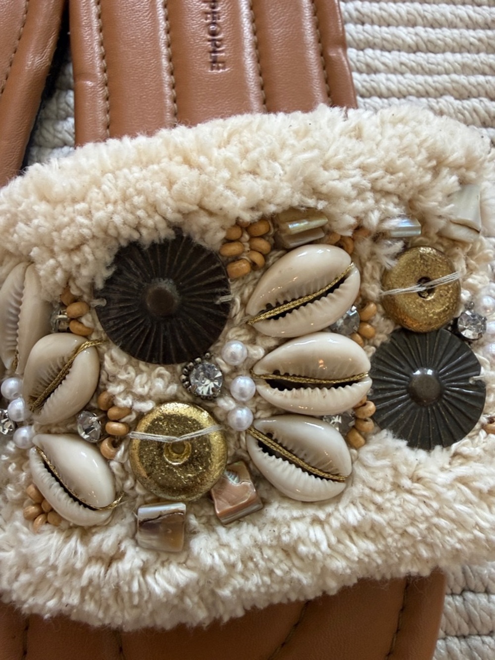 New never worn! Free People Tan Embellished Shearling Slide Sandals - Picture 3 of 4